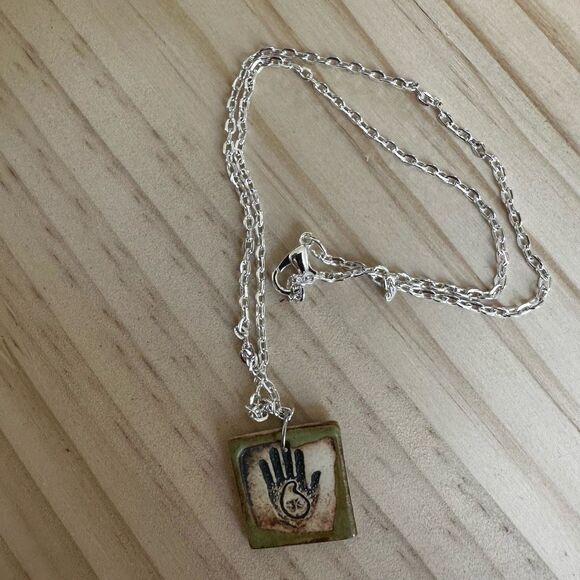 Rustic Ceramic Handprint Pendant Necklace - Picture 3 of 8
